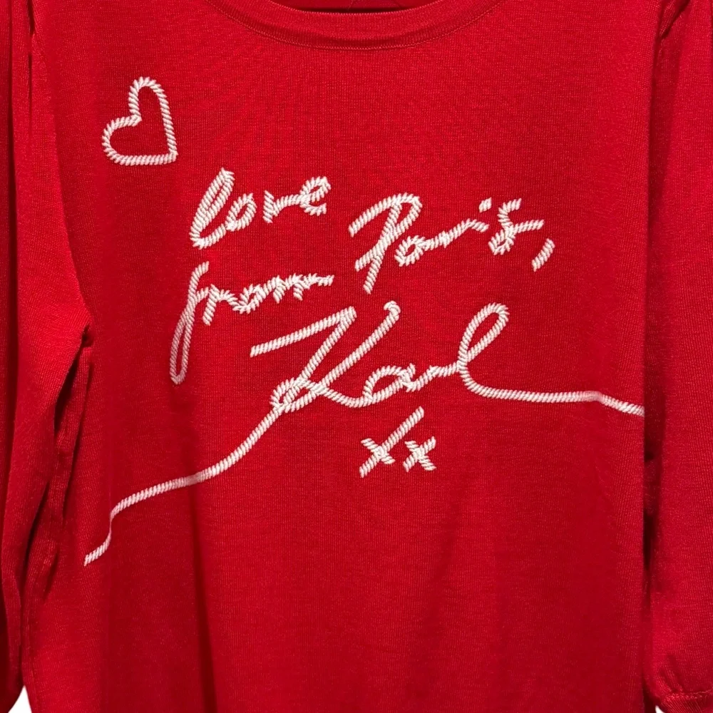 Karl Lagerfeld NWT Sz L Signature Karl Red White Embroidered Knit Sweater (0549) - Picture 3 of 11